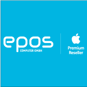 Logo Epos Computer GmbH, Premium Reseller auf blauem Hintergrund