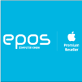 Logo Epos Computer GmbH, Premium Reseller auf blauem Hintergrund